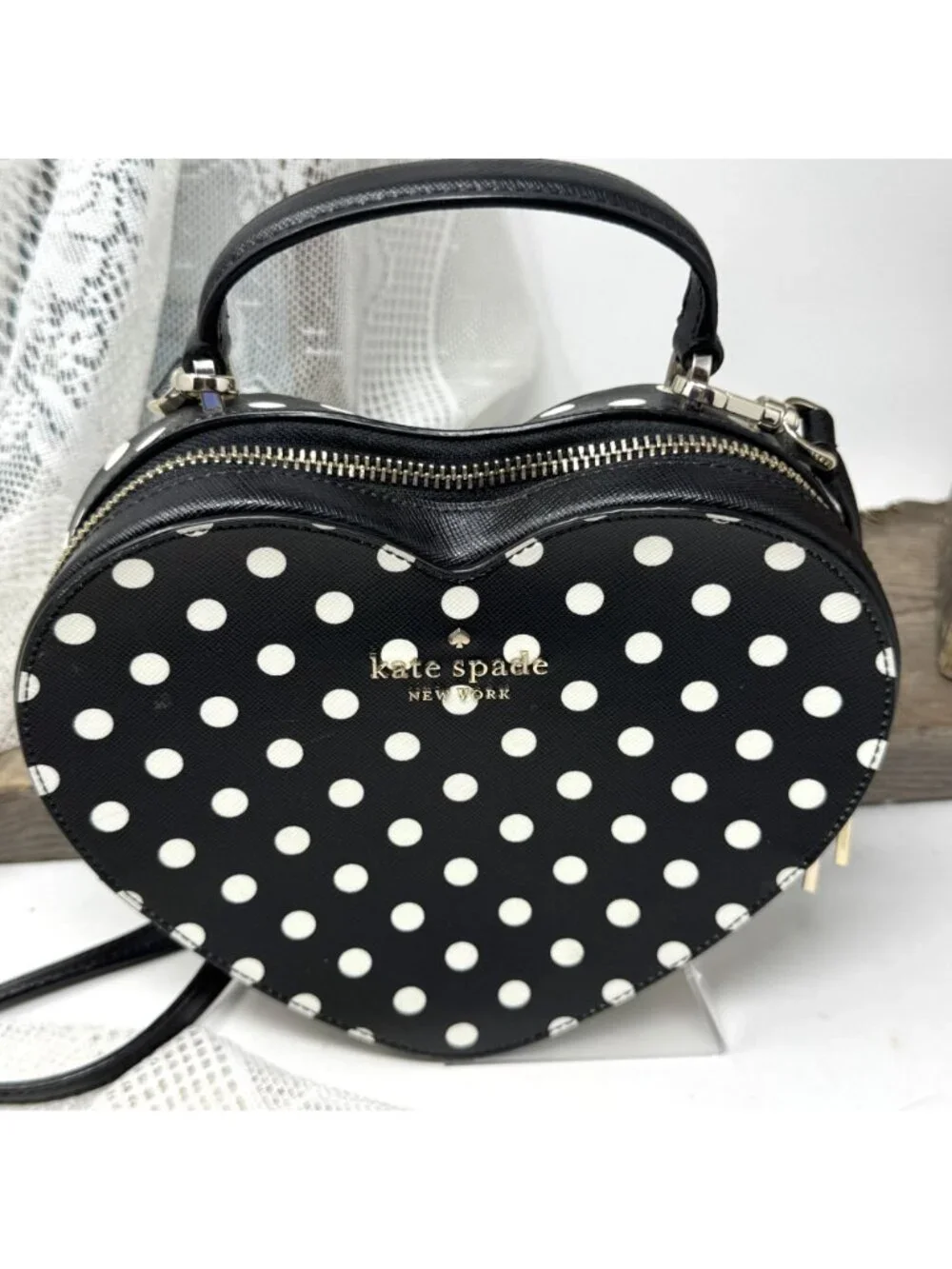 Kate Spade Black & White Polka Dot Heart-Shaped Crossbody Bag With Gold Hardware